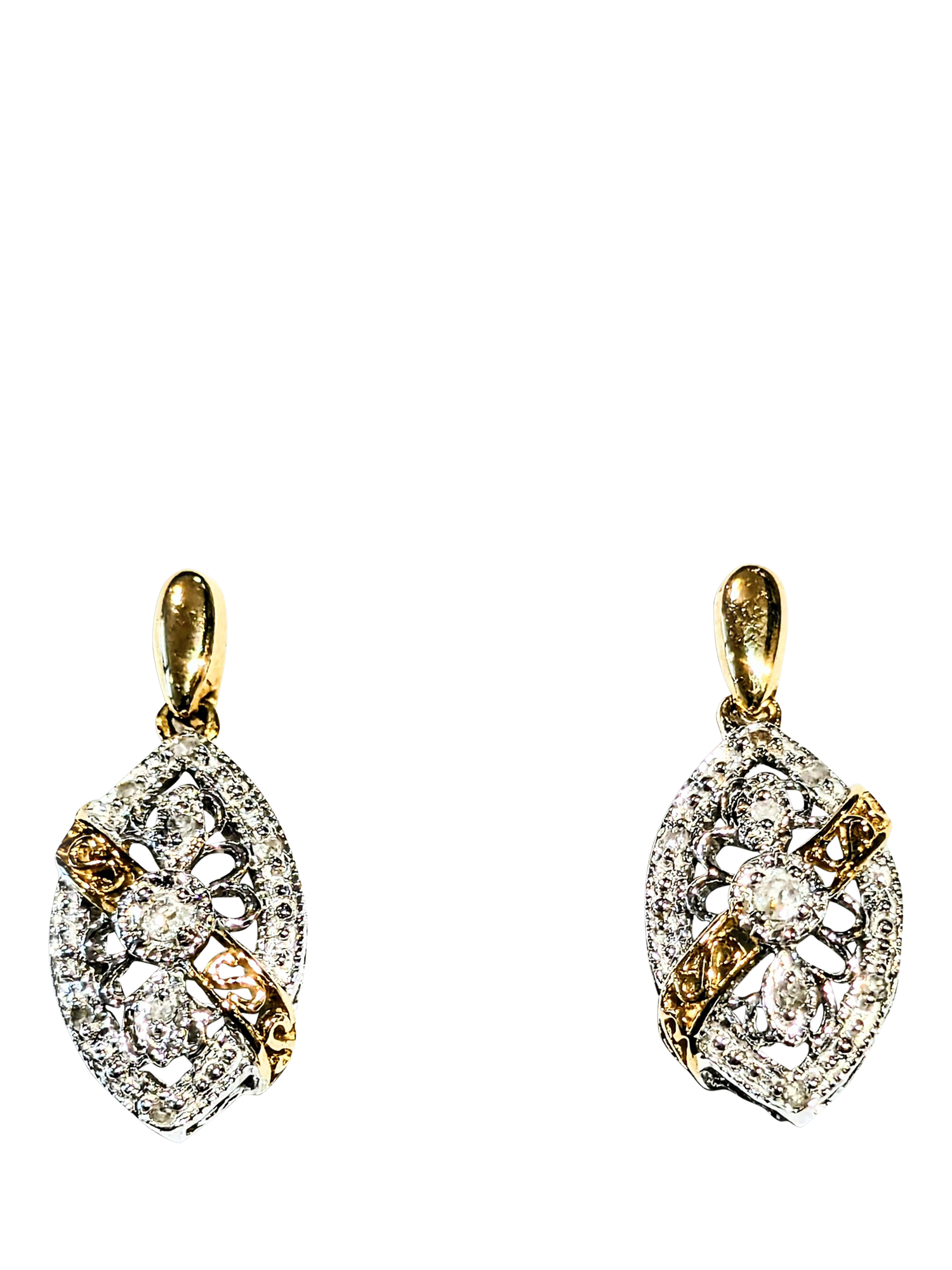Product image 1 of 1, which shows Pre-loved 9ct Two Tone Diamond Dropper Earrings