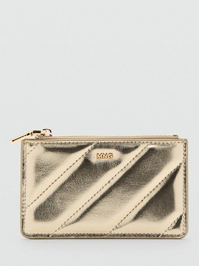 Product image 1 of 3, which shows Mango Diagonal Quilted Zip Card Case, Gold