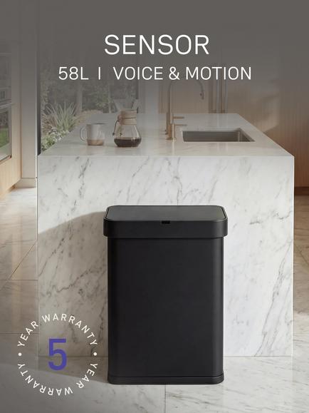 Simplehuman Rectangular Voice and Motion Sensor Bin, 58L, Black - view 2, Matte Black