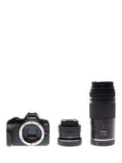Canon EOS R100 Compact System Camera with 18-45mm Zoom & 75-300mm Telephoto Lenses, 4K Ultra HD, 24.1MP, Wi-Fi, Bluetooth, OLED EVF, 3" Screen, Double Lens Kit, Black, Black