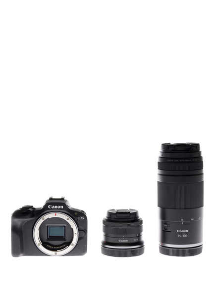 Canon EOS R100 Compact System Camera with 18-45mm Zoom & 75-300mm Telephoto Lenses, 4K Ultra HD, 24.1MP, Wi-Fi, Bluetooth, OLED EVF, 3" Screen, Double Lens Kit, Black, Black