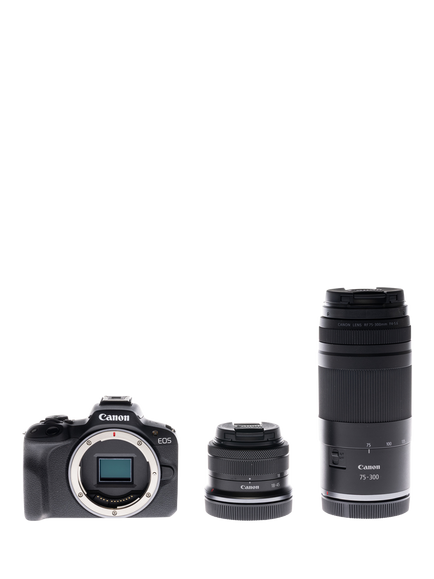 Canon EOS R50 Compact System Camera with RF-S 18-45mm Zoom & 75-300mm Telephoto Lenses, 4K Ultra HD, 24.2MP, Wi-Fi, Bluetooth, OLED EVF, 3” Vari-Angle Touch Screen, Double Lens Kit, Black, Black