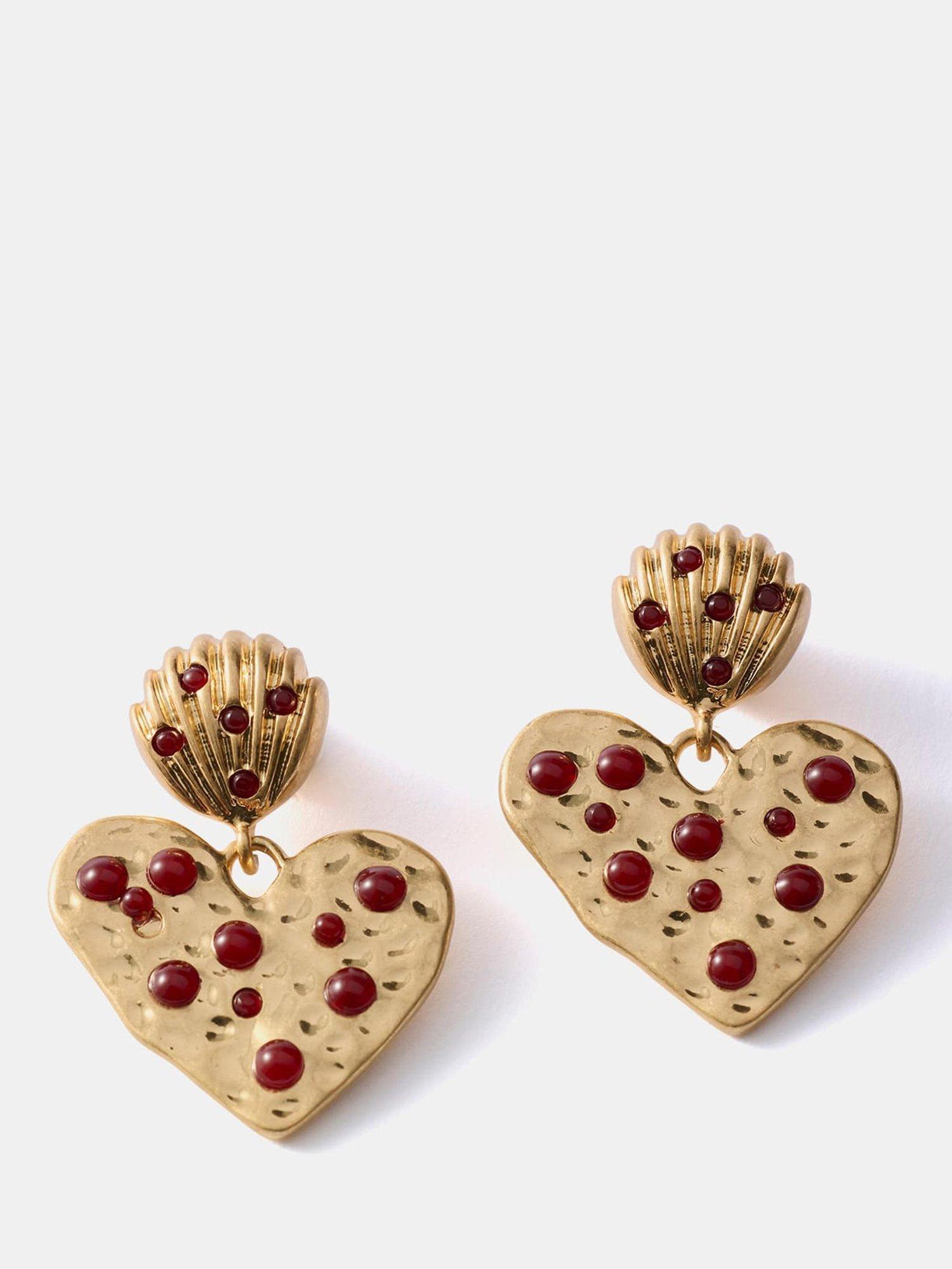 Product image 1 of 5, which shows Mint Velvet Heart Drop Earrings, Gold/Red