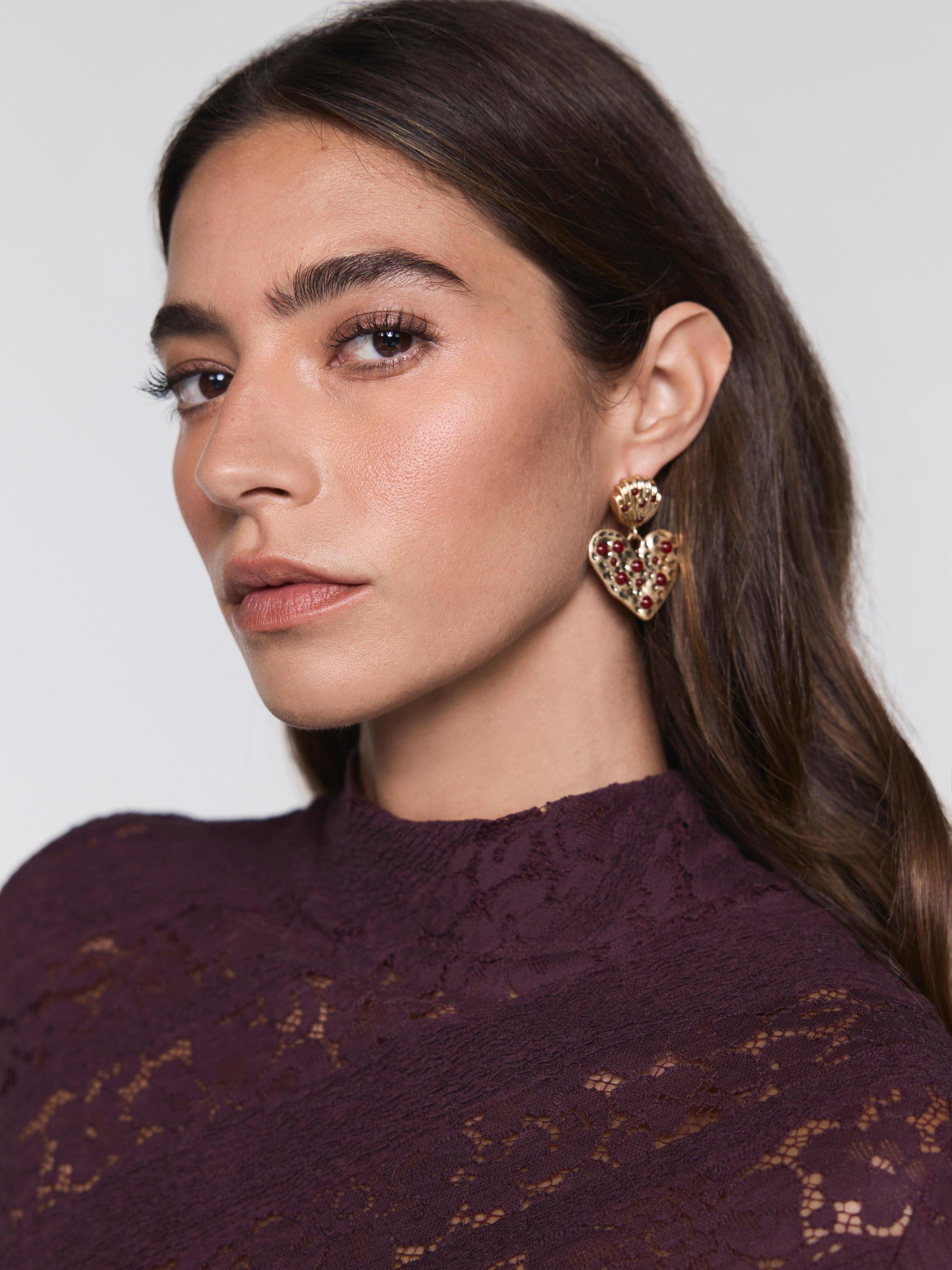 Product image 2 of 5, which shows Mint Velvet Heart Drop Earrings, Gold/Red