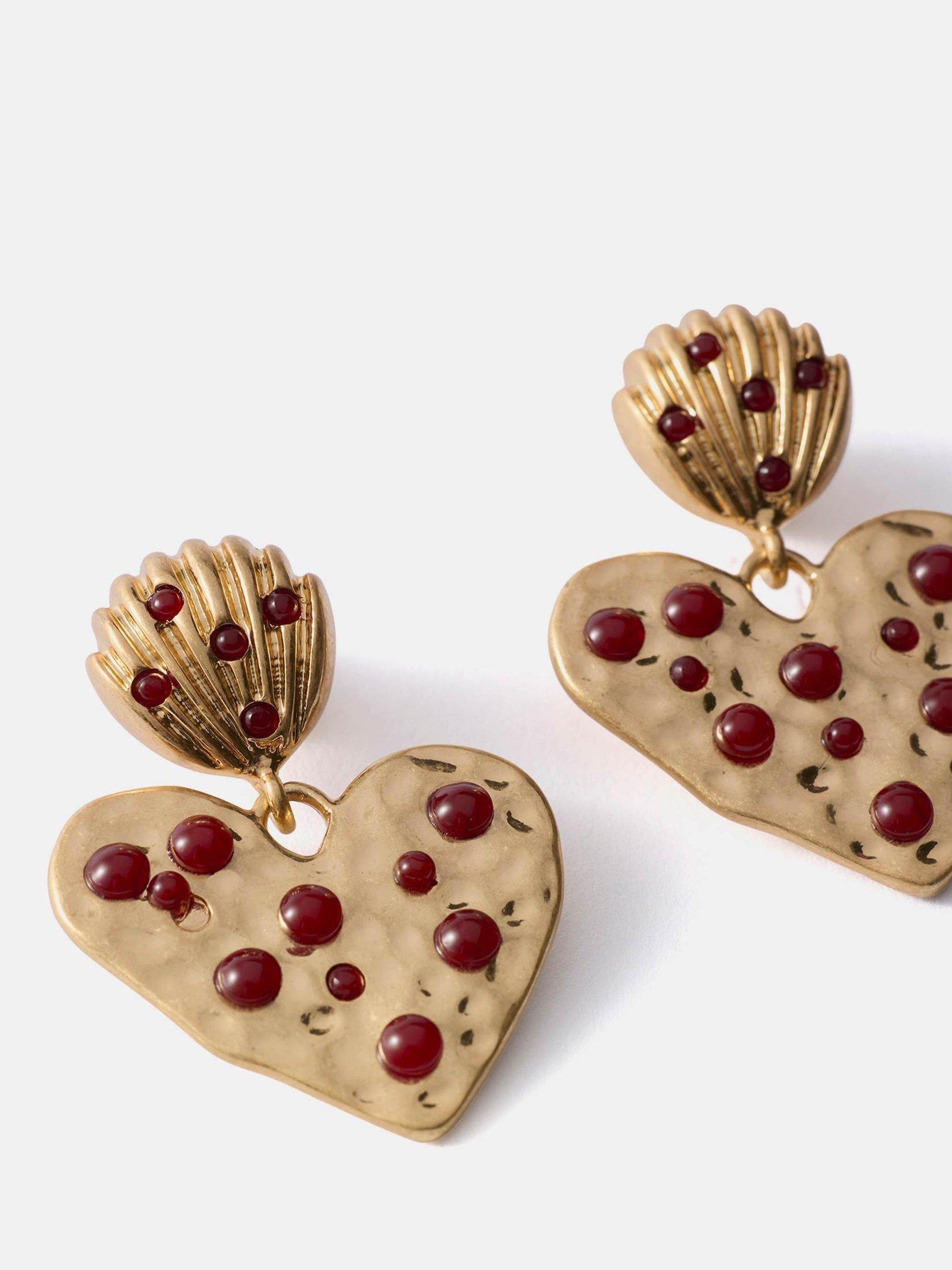 Product image 3 of 5, which shows Mint Velvet Heart Drop Earrings, Gold/Red