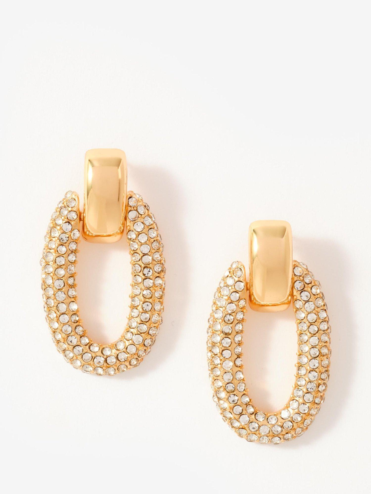 Product image 1 of 3, which shows Mint Velvet Pave Drop Hoop Earrings, Gold