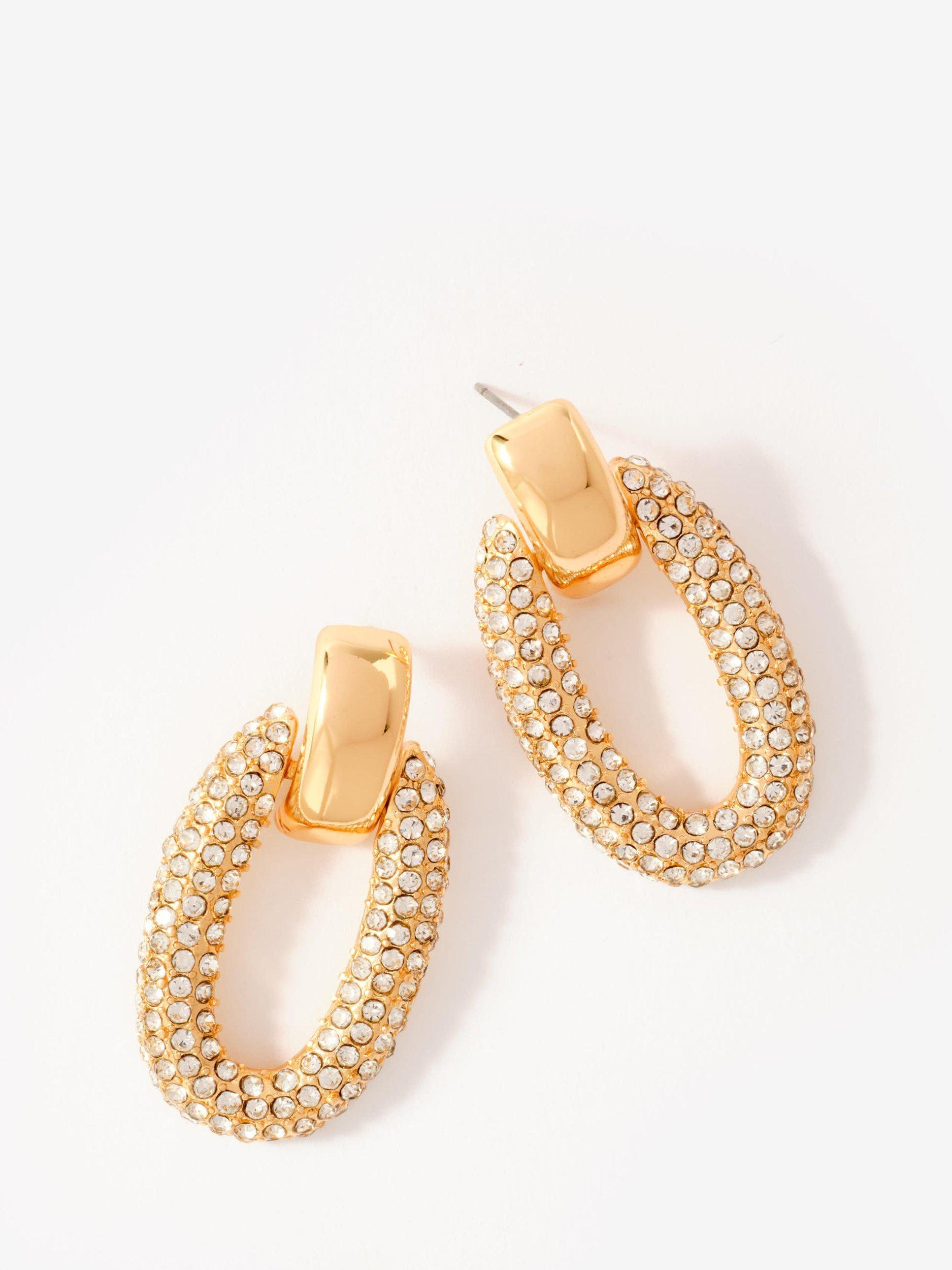 Product image 2 of 3, which shows Mint Velvet Pave Drop Hoop Earrings, Gold