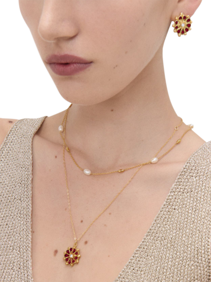 Ottoman Hands Marigold Garnet and Pearl Pendant Necklace, Gold - view 2, Gold