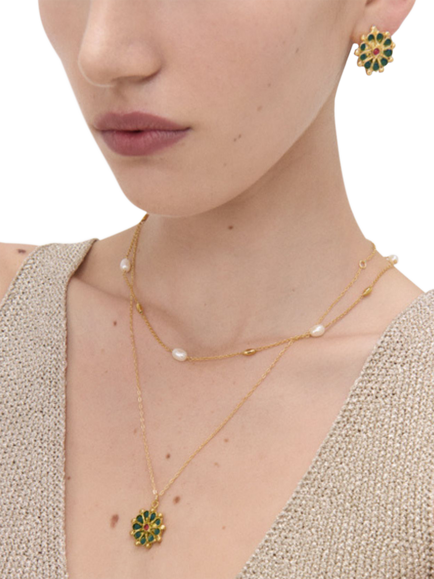 Ottoman Hands Marigold Green Agate Beaded Necklace, Gold - view 2, Gold
