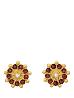 Ottoman Hands Marigold Garnet and Pearl Beaded Flower Stud Earrings, Gold, Gold