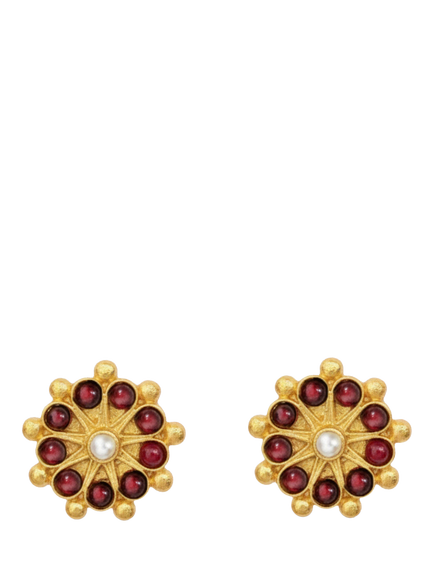 Ottoman Hands Marigold Garnet and Pearl Beaded Flower Stud Earrings, Gold, Gold