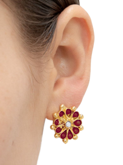 Ottoman Hands Marigold Garnet and Pearl Beaded Flower Stud Earrings, Gold - view 2, Gold