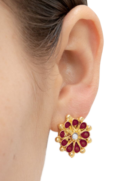 Ottoman Hands Marigold Garnet and Pearl Beaded Flower Stud Earrings, Gold - view 2, Gold