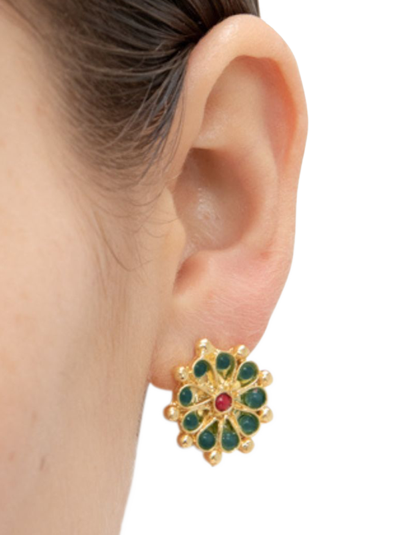 Product image 2 of 3, which shows Ottoman Hands Marigold Green Agate Beaded Earrings, Gold