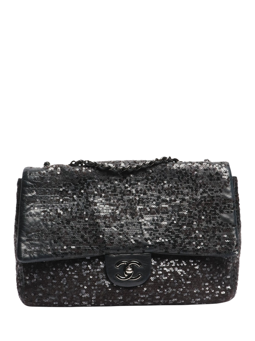 Product image 1 of 8, which shows Pre-loved CHANEL 2011 Jumbo Sequin Classic Single Flap Bag, Black
