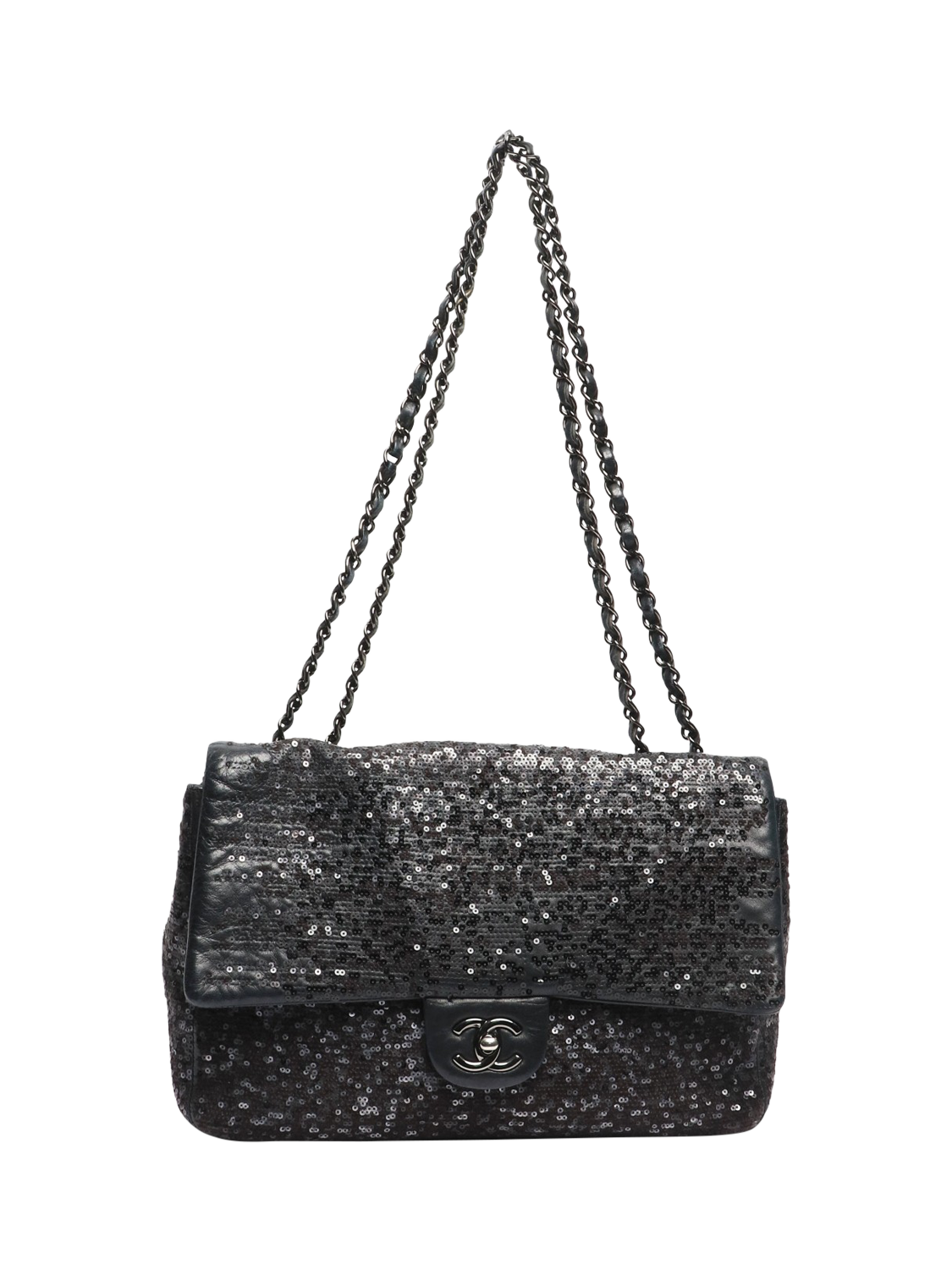 Product image 2 of 8, which shows Pre-loved CHANEL 2011 Jumbo Sequin Classic Single Flap Bag, Black
