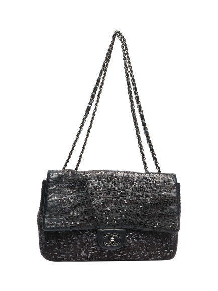Pre-loved CHANEL 2011 Jumbo Sequin Classic Single Flap Bag, Black - view 2, Black