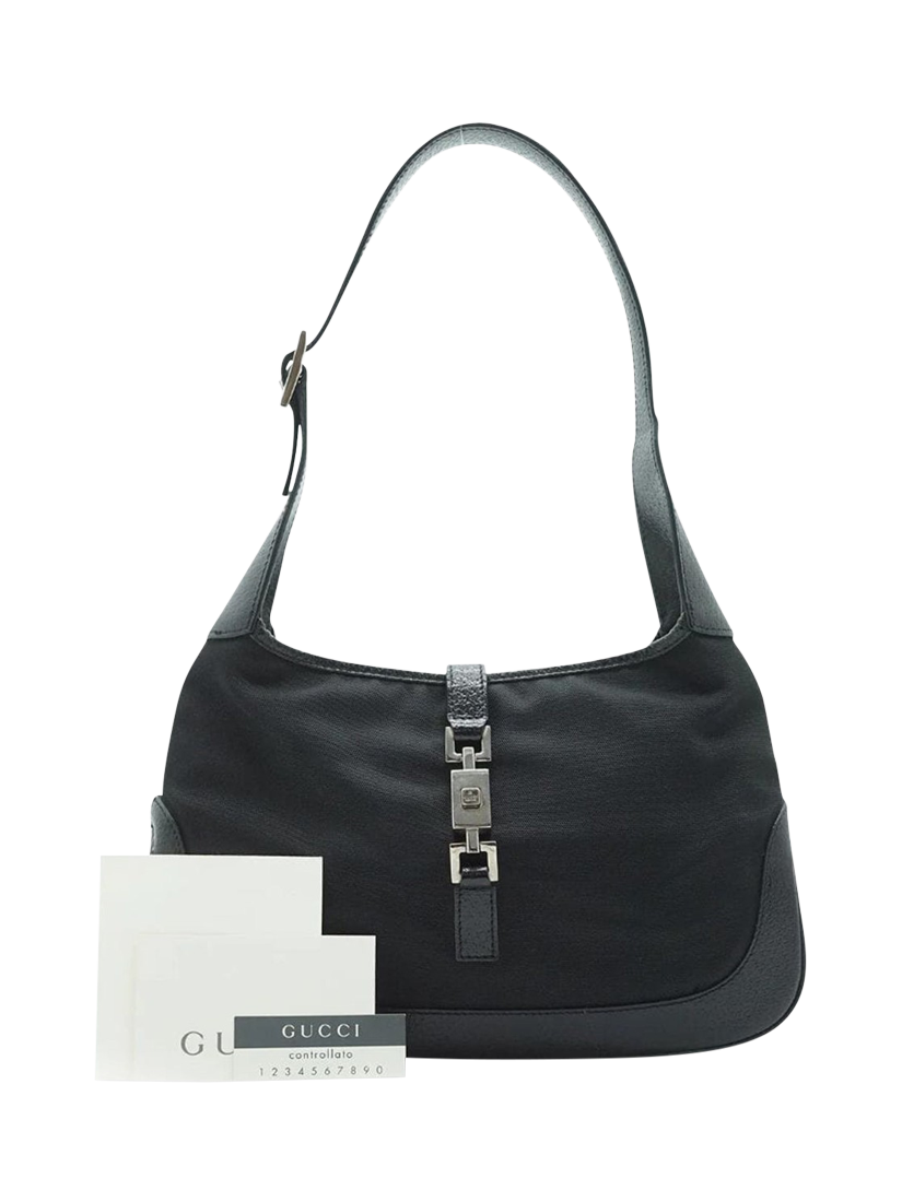 Product image 2 of 10, which shows Pre-loved GUCCI Mini Jackie Canvas and Leather Bag, Black