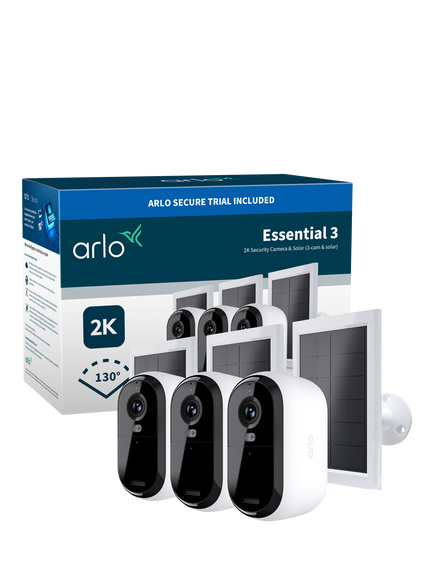 Arlo Essential 3 Outdoor Wireless Smart Security System with Three 2K Cameras & Solar Panels, White - view 2, White