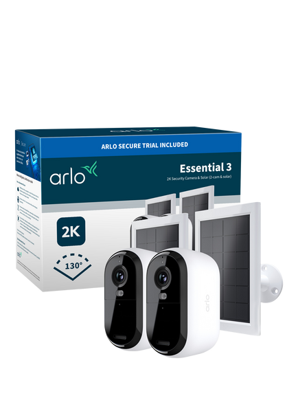 Arlo Essential 3 Outdoor Wireless Smart Security System with Two 2K Cameras & Solar Panels, White - view 2, White