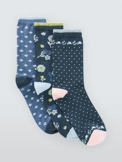 John Lewis Eden Floral Ankle Socks, Pack of 3, Blue Multi, Blue Multi