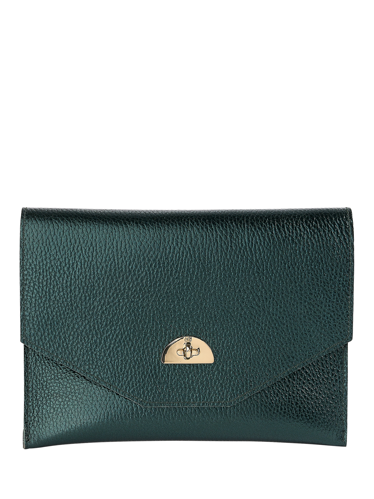 Product image 1 of 5, which shows Cambridge Satchel Wicked Leather Twist Lock Pouch, Emerald Metallic