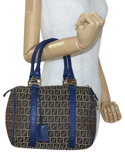 Pre-loved Fendi Zucchino Canvas Boston Bag, Brown/Blue - view 2, Brown/Blue