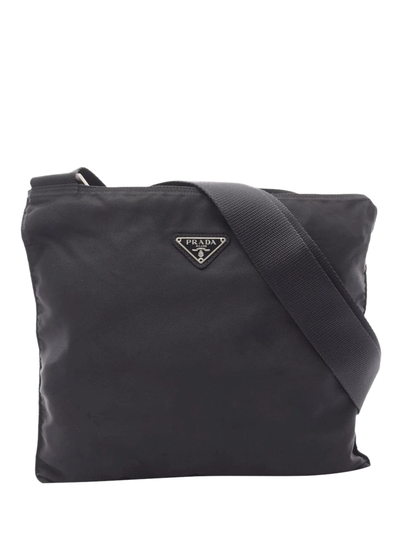 Product image 1 of 9, which shows Pre-loved Prada Re-Nylon Silver Hardware Shoulder Bag, Black