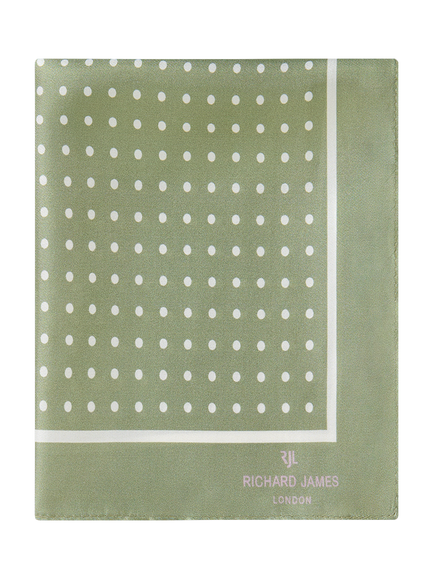 Richard James London Polka Dot Silk Pocket Square, Green/White, Beige White Dot