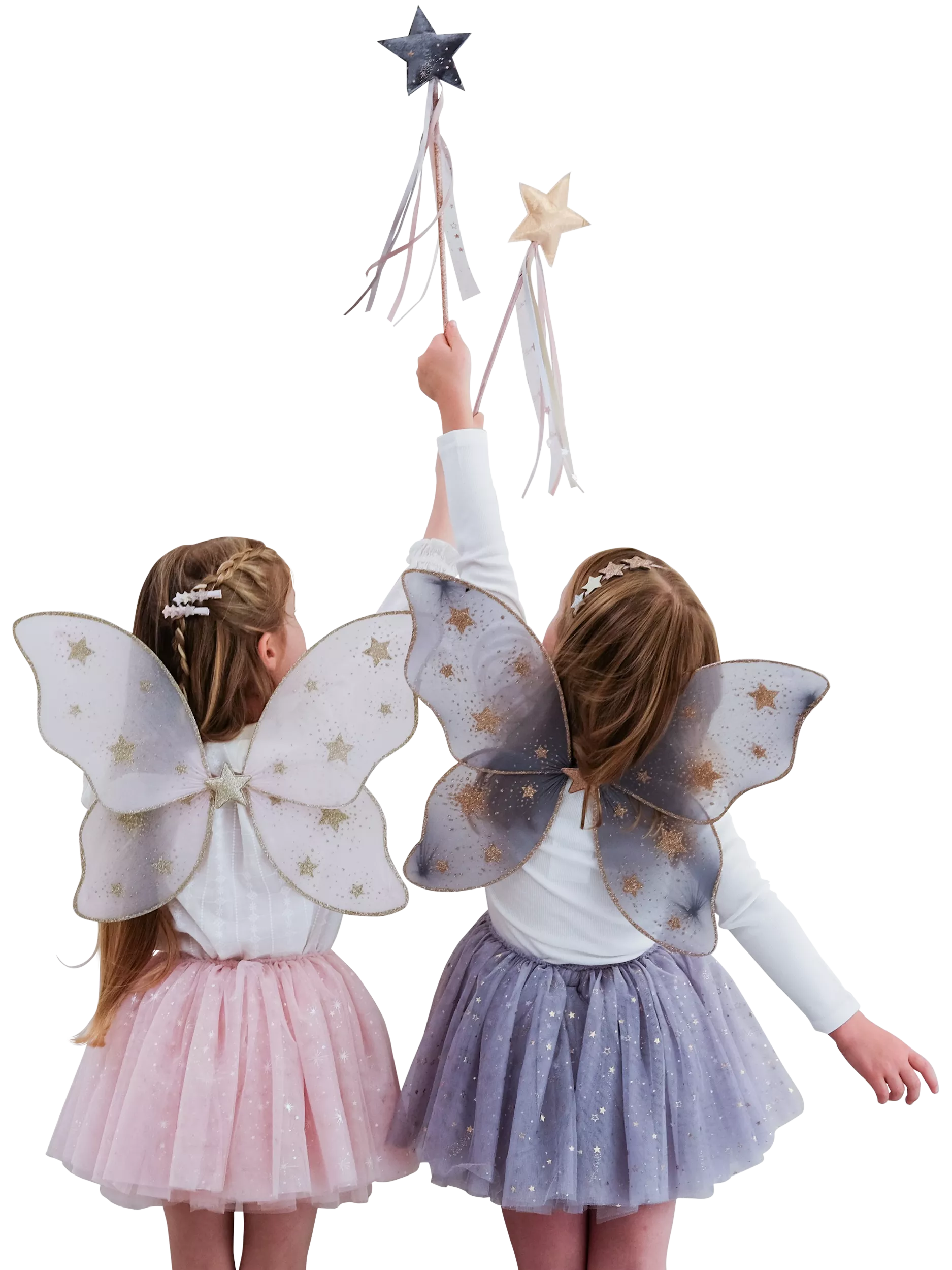 Two young girls in fairy costumes with glitter wings holding star wands, ideal for children’s fancy dress parties