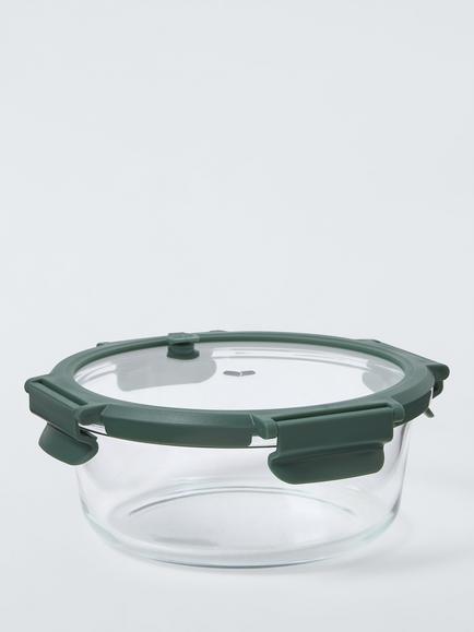 John Lewis X Deliciously Ella Round Glass Storage Container, 970ml, Green, De Green