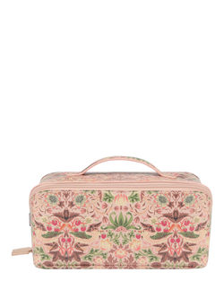 William Morris At Home Strawberry Thief Lay Flat Wash Bag, Pink Strawberry, Pink Strawberry