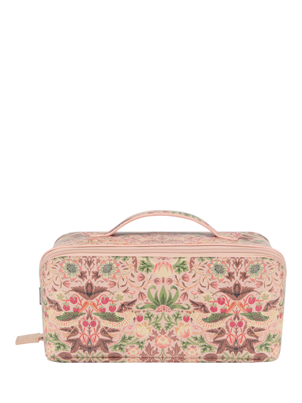 William Morris At Home Strawberry Thief Lay Flat Wash Bag, Pink Strawberry, Pink Strawberry