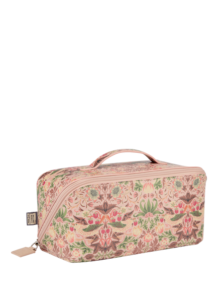 William Morris At Home Strawberry Thief Lay Flat Wash Bag, Pink Strawberry - view 2, Pink Strawberry