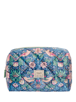 William Morris At Home Strawberry Thief Quilted Velvet Wash Bag, Blue, Blue