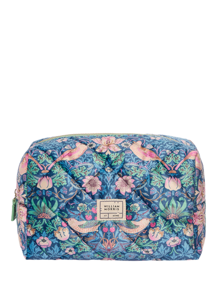 William Morris At Home Strawberry Thief Quilted Velvet Wash Bag, Blue, Blue