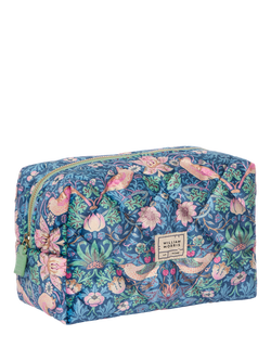 William Morris At Home Strawberry Thief Quilted Velvet Wash Bag, Blue - view 2, Blue
