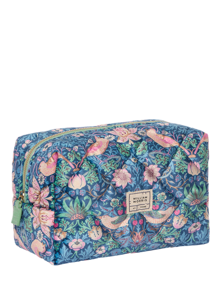 William Morris At Home Strawberry Thief Quilted Velvet Wash Bag, Blue - view 2, Blue