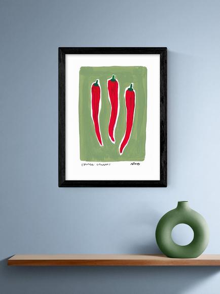 EAST END PRINTS Natalie Cass 'Three Chillis' Framed Print, 43.4 x 33.4cm, Black Frame - view 2, Multi Multi