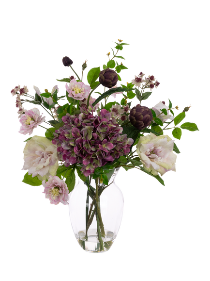 Floralsilk Artificial Hydrangea & Rose in Glass Vase, H75cm, Purple, Purple