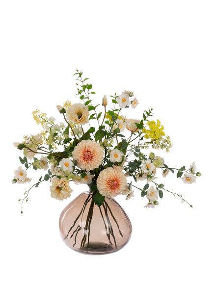 Floralsilk Artificial Pom Pom Dahlia & Poppy Bouquet in Glass Vase, H71cm, Yellow, Yellow