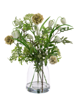 Floralsilk Artificial Scabiosa & Foliage in Glass Vase, H50cm, Green, Green