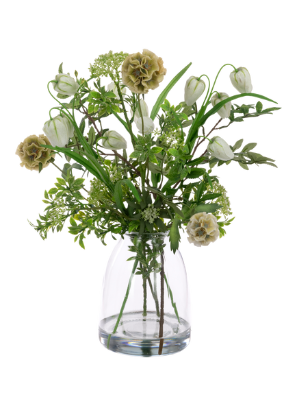 Floralsilk Artificial Scabiosa & Foliage in Glass Vase, H50cm, Green, Green