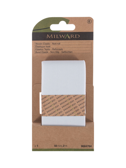 Milward Non-Roll Premium Woven Elastic, W50mm x L2m, White, White