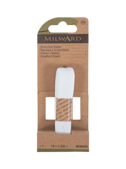 Milward Buttonhole Elastic, W15mm x L90cm, White, White