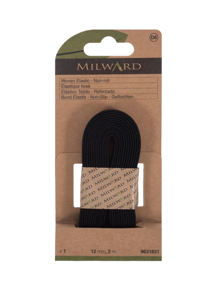 Milward Woven Non-Roll Elastic, W12mm x L2m, Black, Black