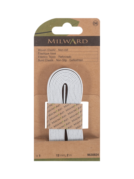 Milward Woven Non-Roll Elastic, W12mm x L2m, White, White
