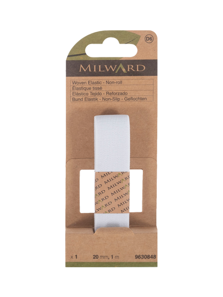 Milward Woven Non-Roll Elastic, W20mm x L1m, White, White