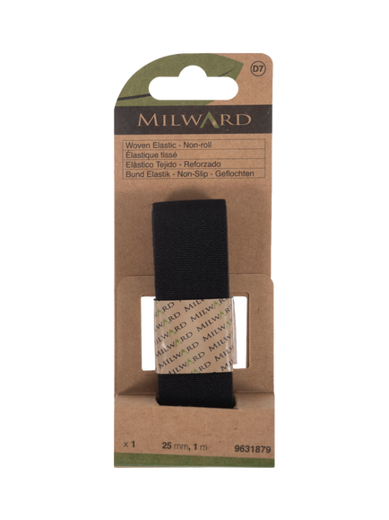 Milward Woven Non-Roll Elastic, W25mm x L1m, Black, Black