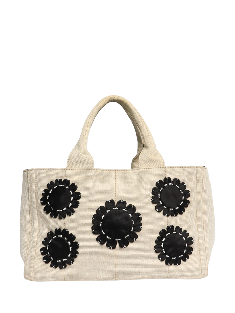 Product image 1 of 8, which shows Pre-loved Prada Canvas Floral Applique Tote Bag, Neutral